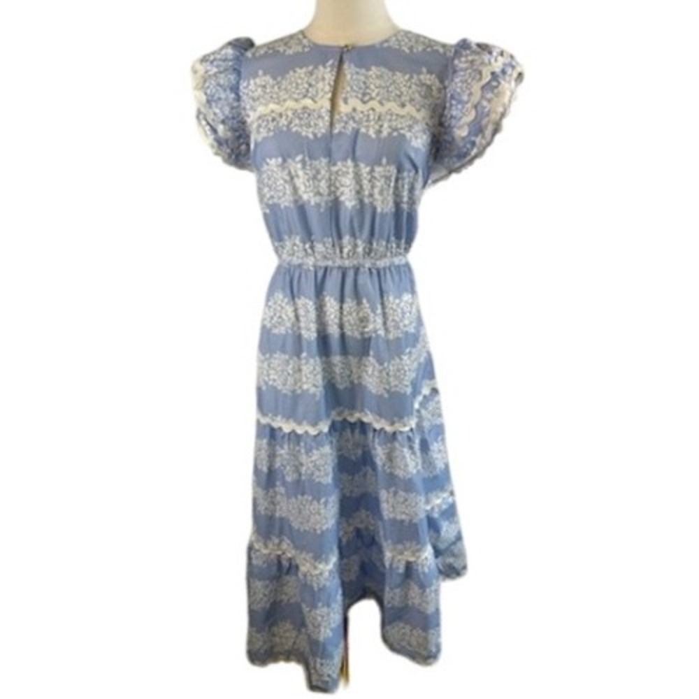 New Sail to Sable Hydrangea Print Blue White Flutter Sleeve Midi Dress Size XL